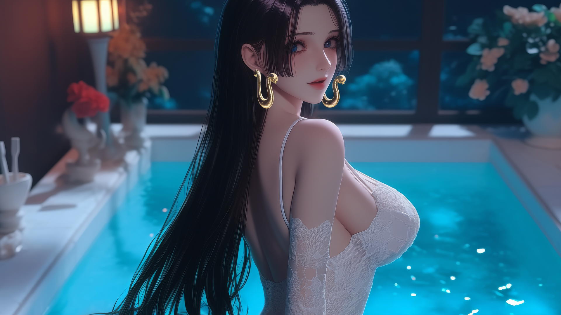 Boa Hancock from behind in a tub, wearing white, in a modern apartment at sunrise.
