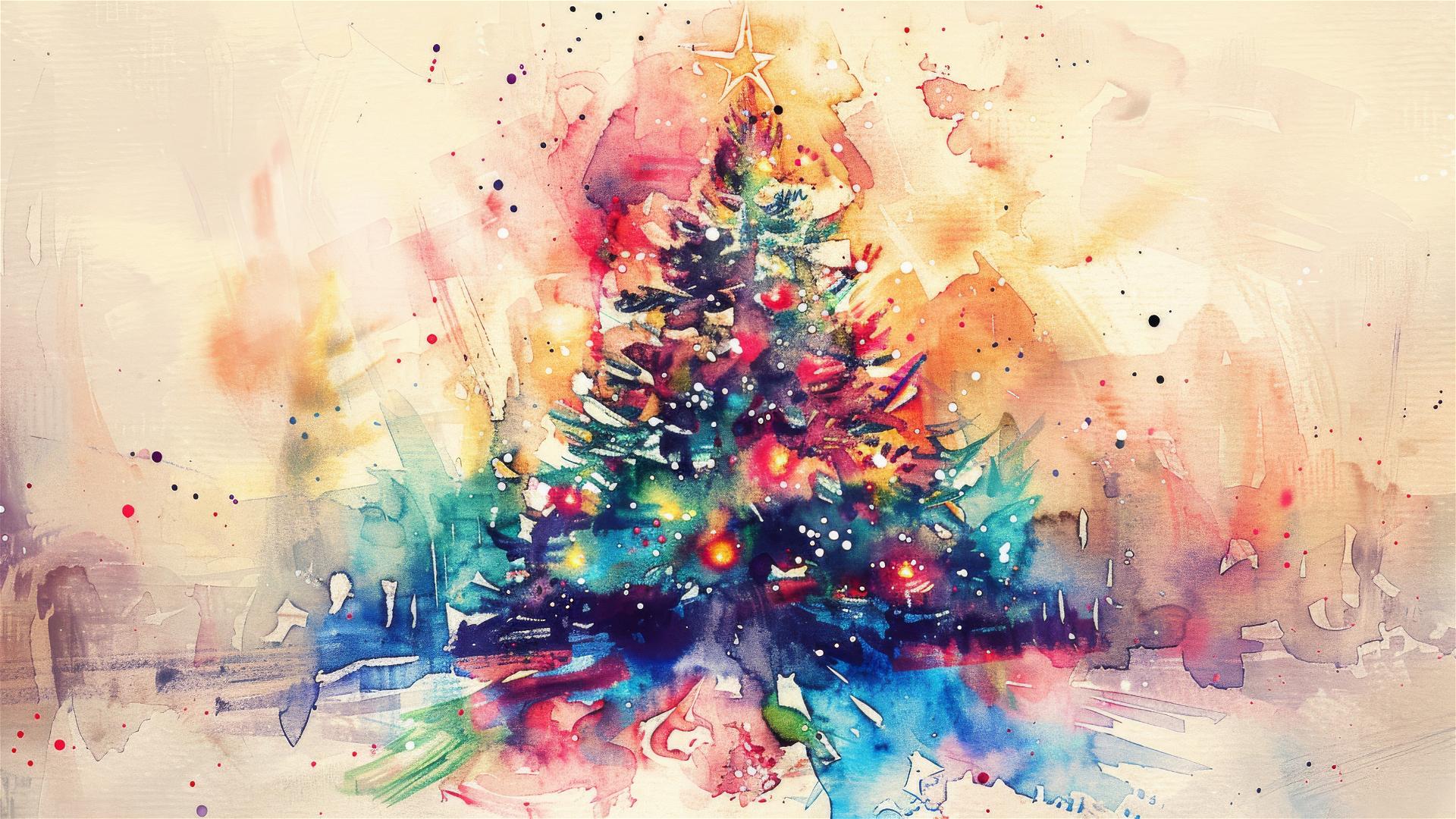 Abstract watercolor Christmas tree with bright festive lights