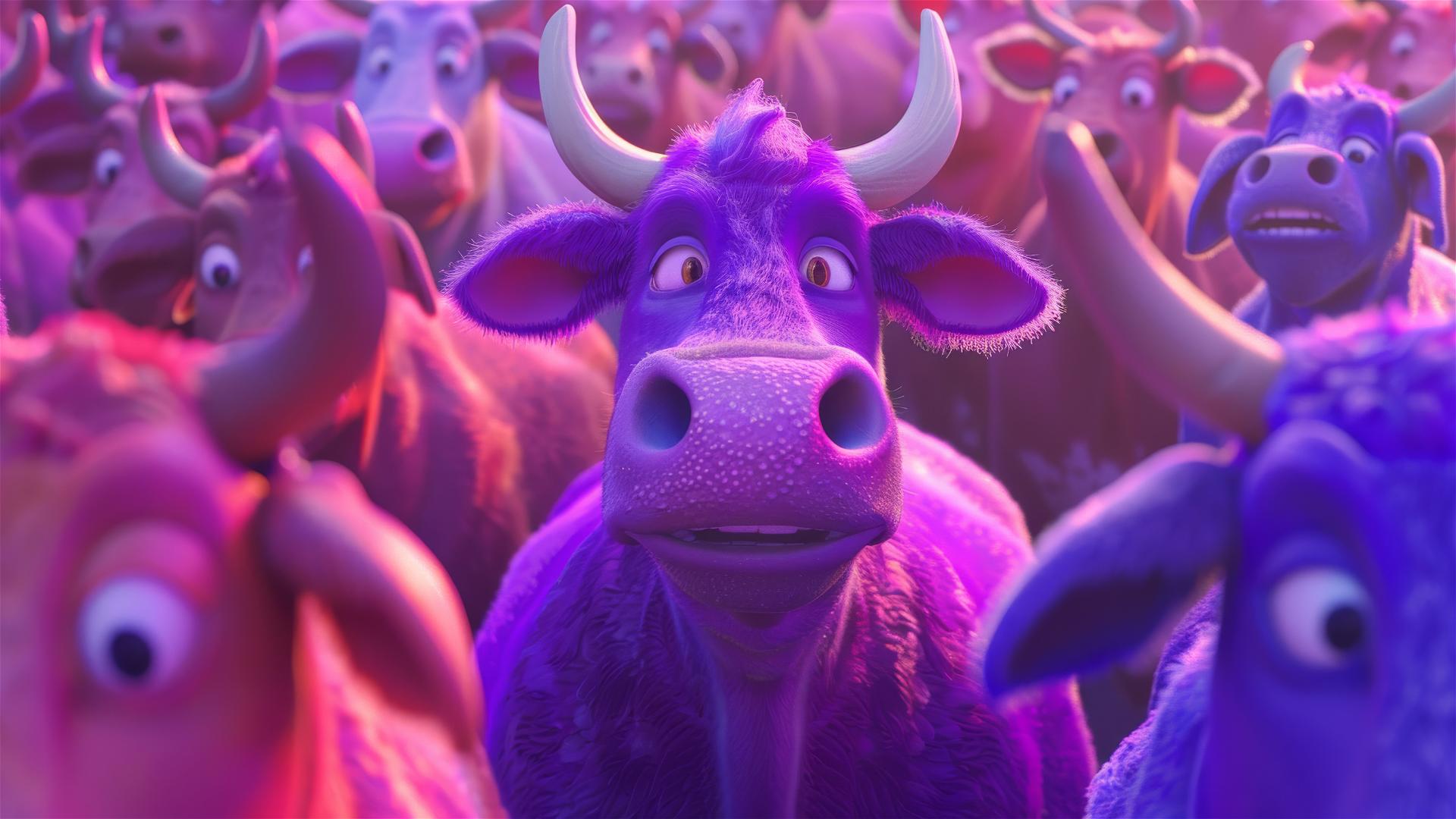 Purple cow cartoon among plain cows, Disney Pixar style