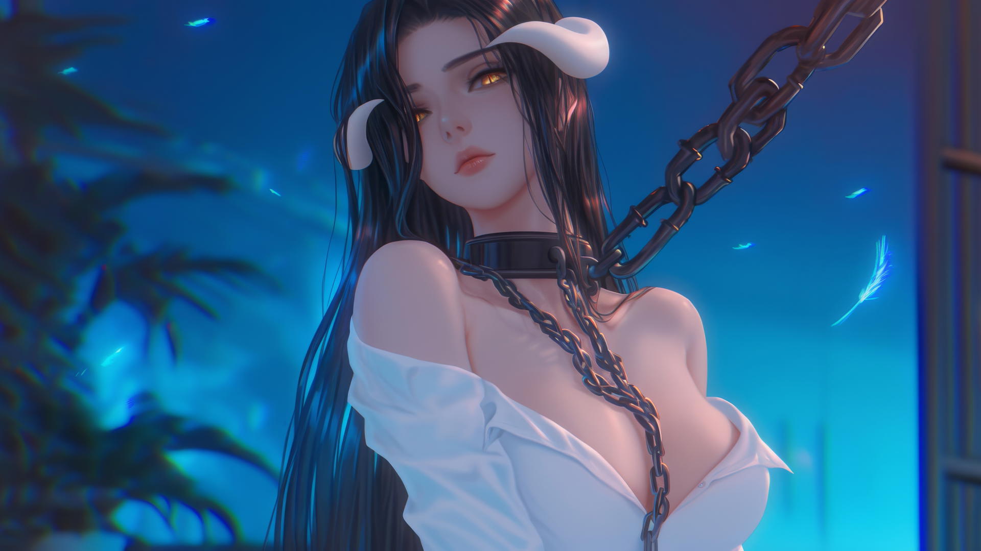 Albedo from Overlord in a white shirt, chained in a modern hotel room, soft glow