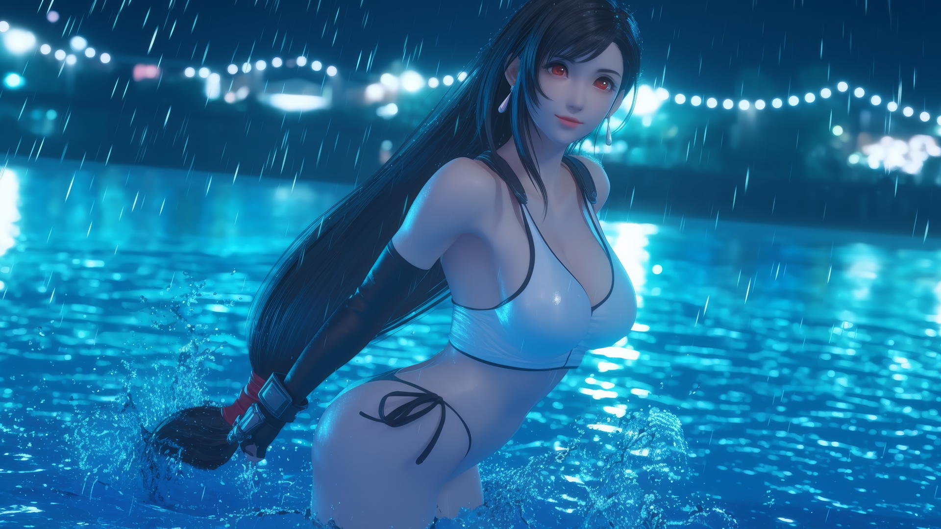 Tifa Lockhart jumping out of a rainy swimming pool with a neon light glow.