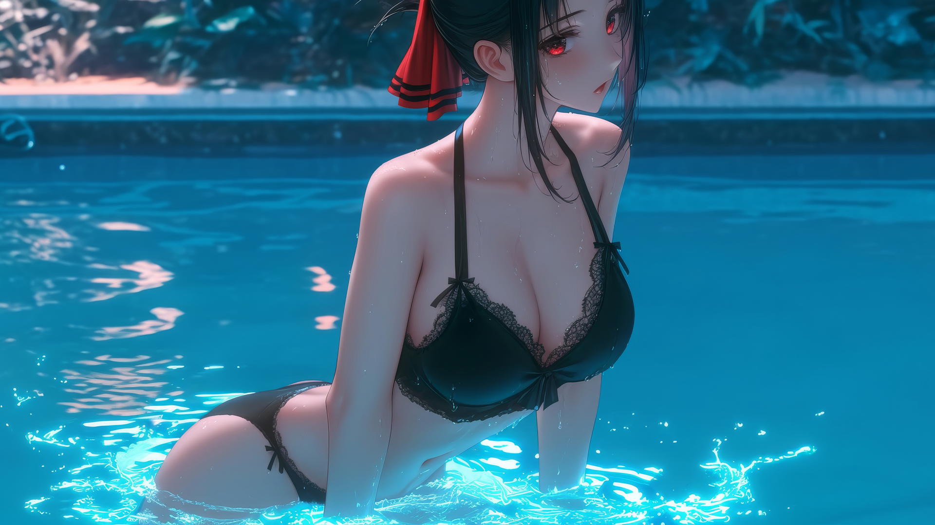 Kaguya Shinomiya with red eyes, in red attire, jumping out of a swimming pool under moonlight.