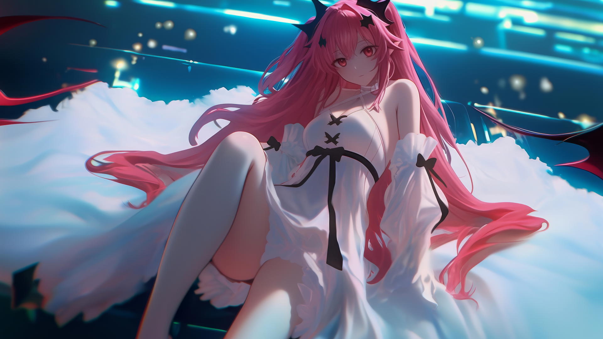 Krul Tepes from Seraph of the End kneeling, looking down, under warm neon hotel ceiling light