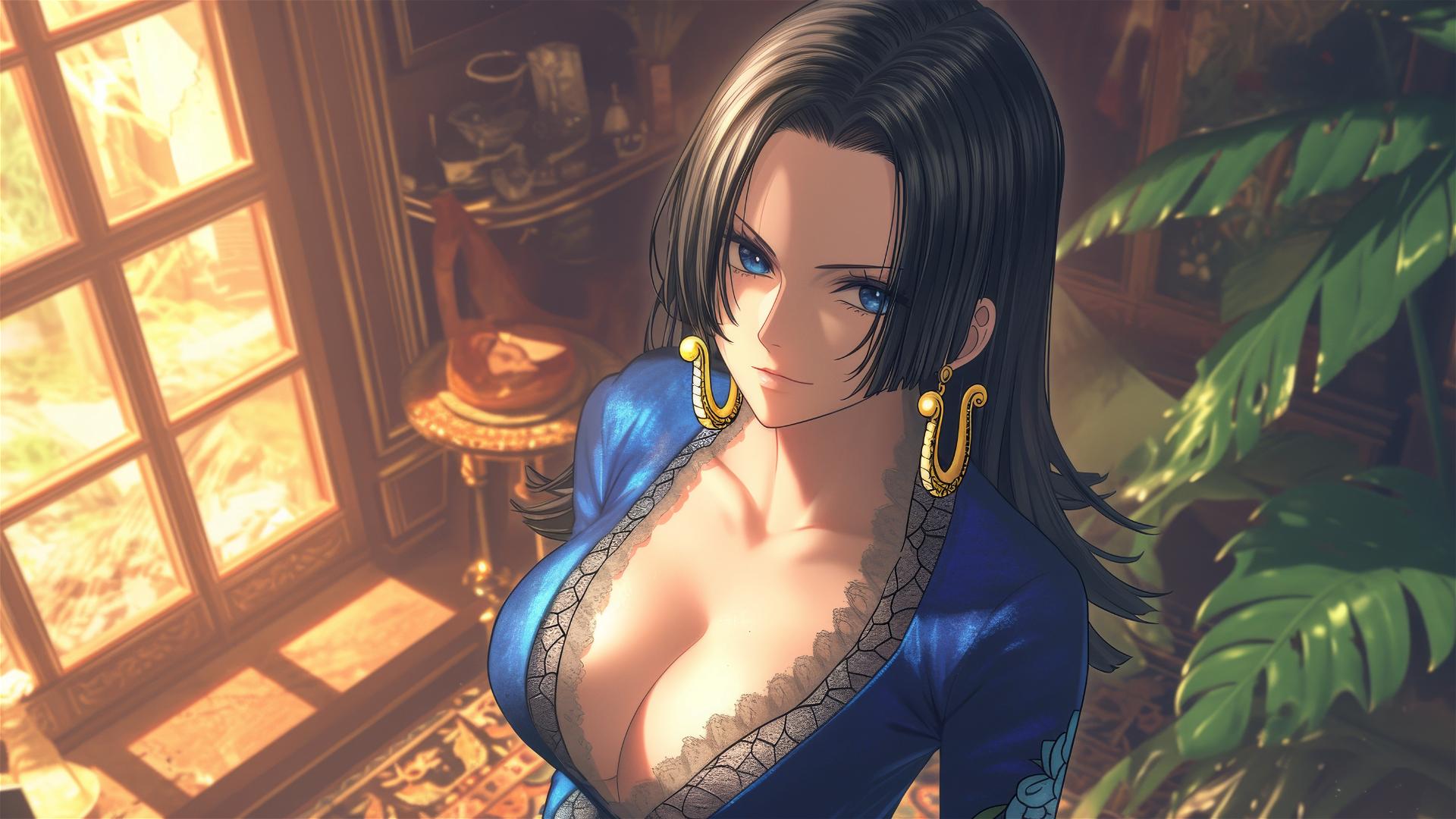Boa Hancock from One Piece wandering through an art gallery