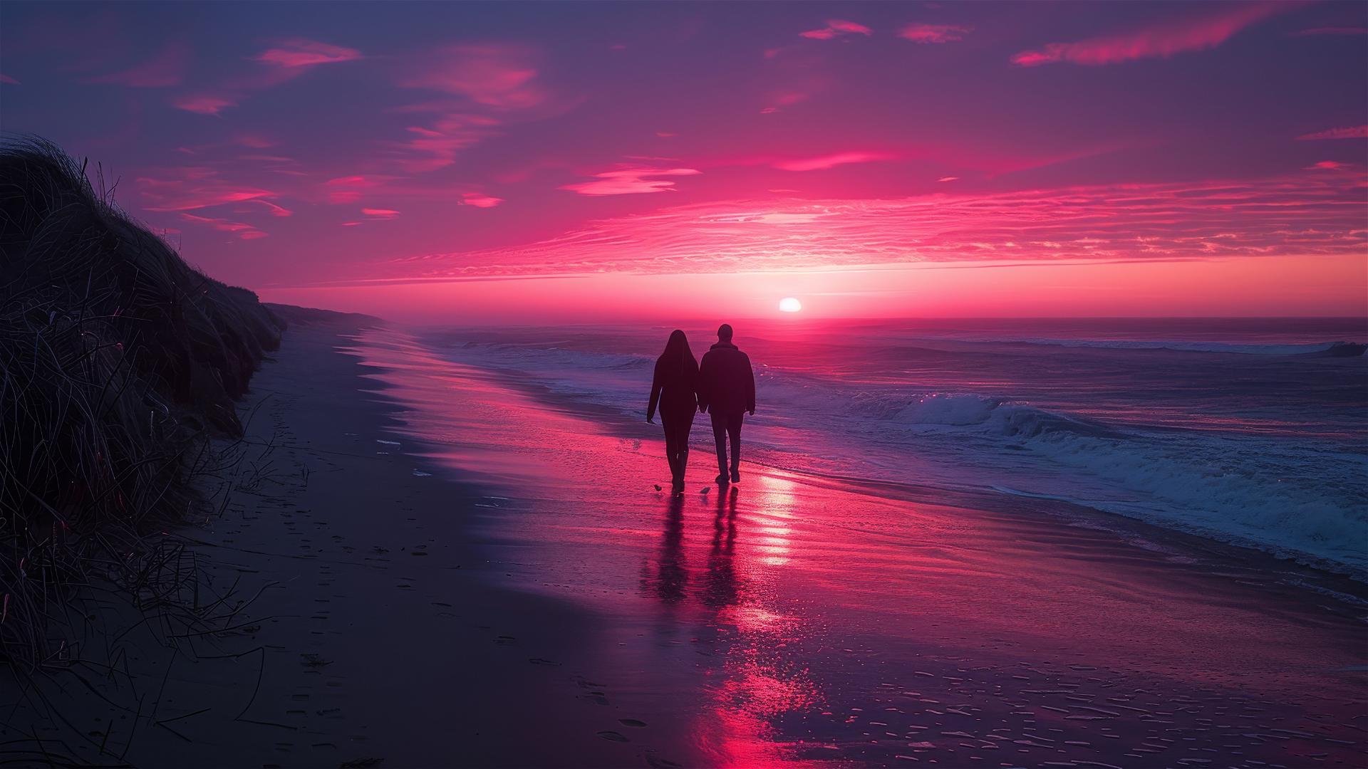 Couple walking on beach at sunset under pink and purple skies