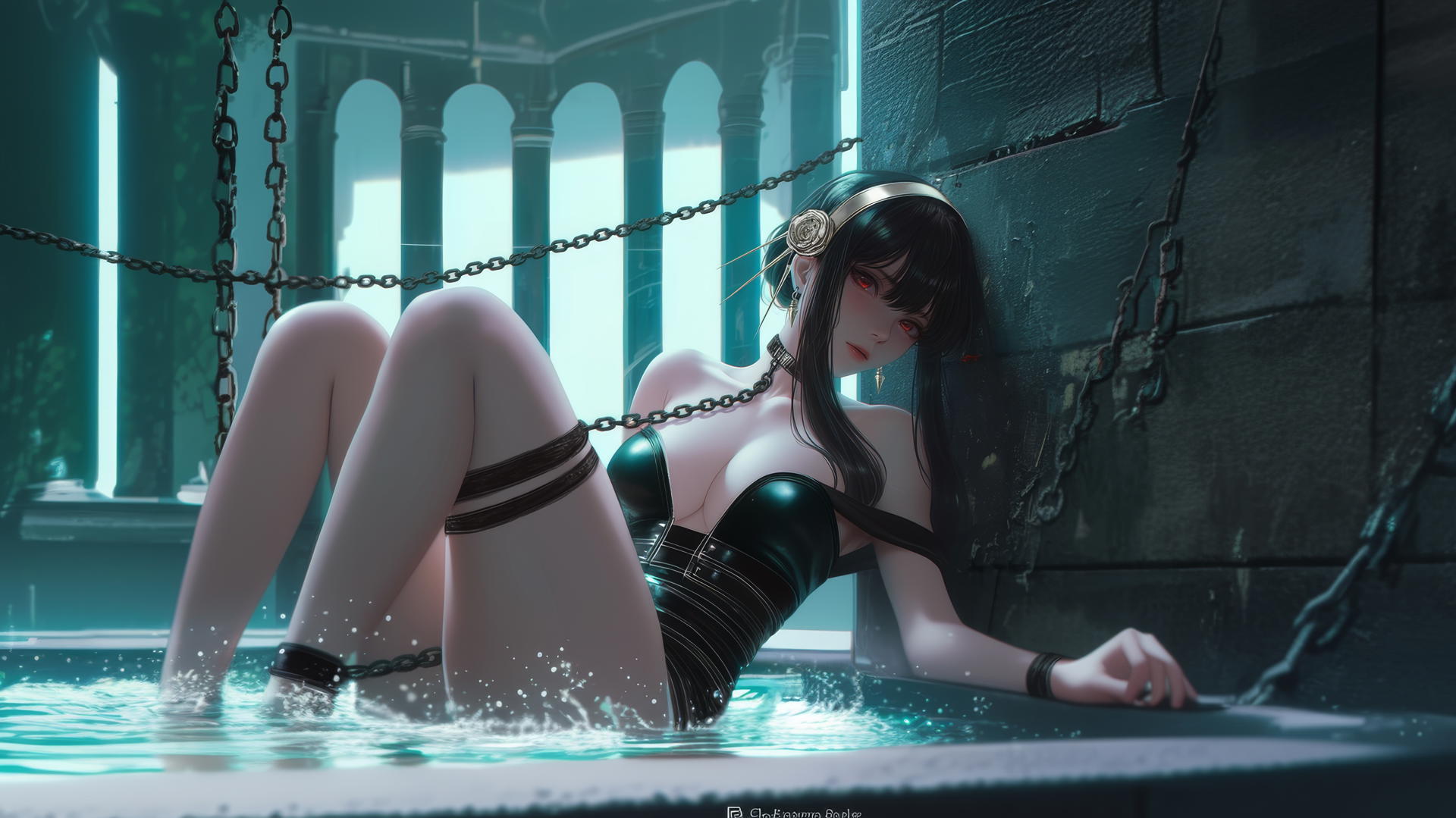 Yor Forger from Spy x Family chained in a tub with neon light glow