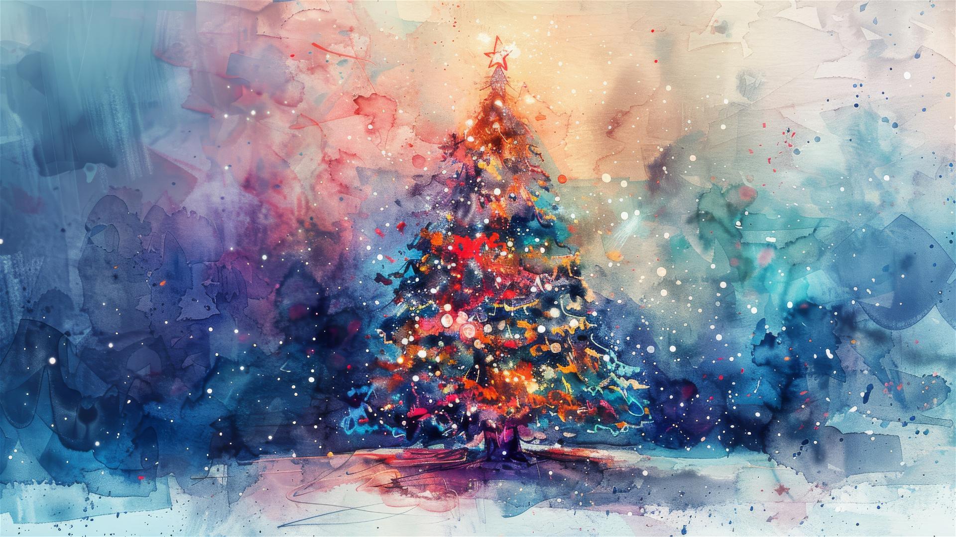 Christmas tree in watercolor style with festive and warm atmosphere