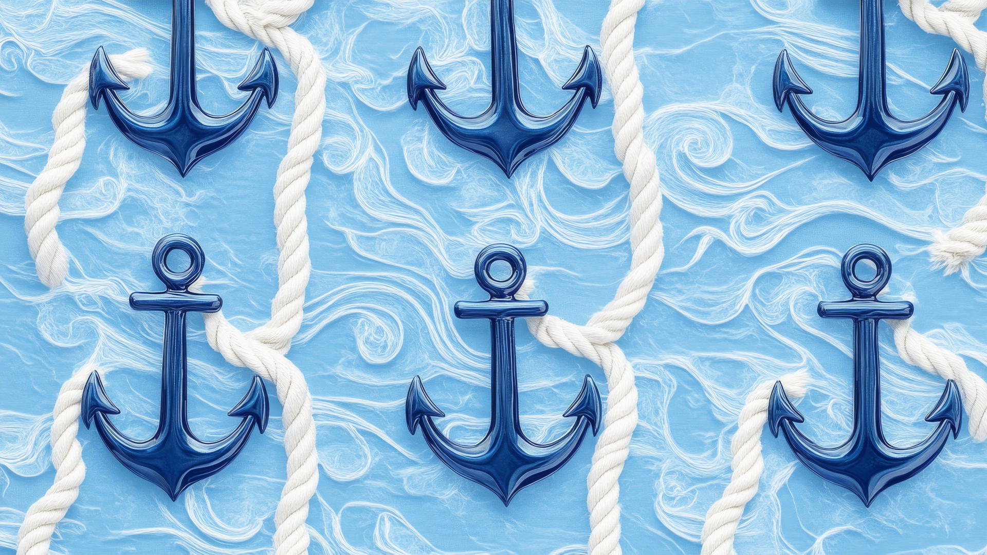 Preppy blue wallpaper with navy blue anchors and white ropes on sky-blue background