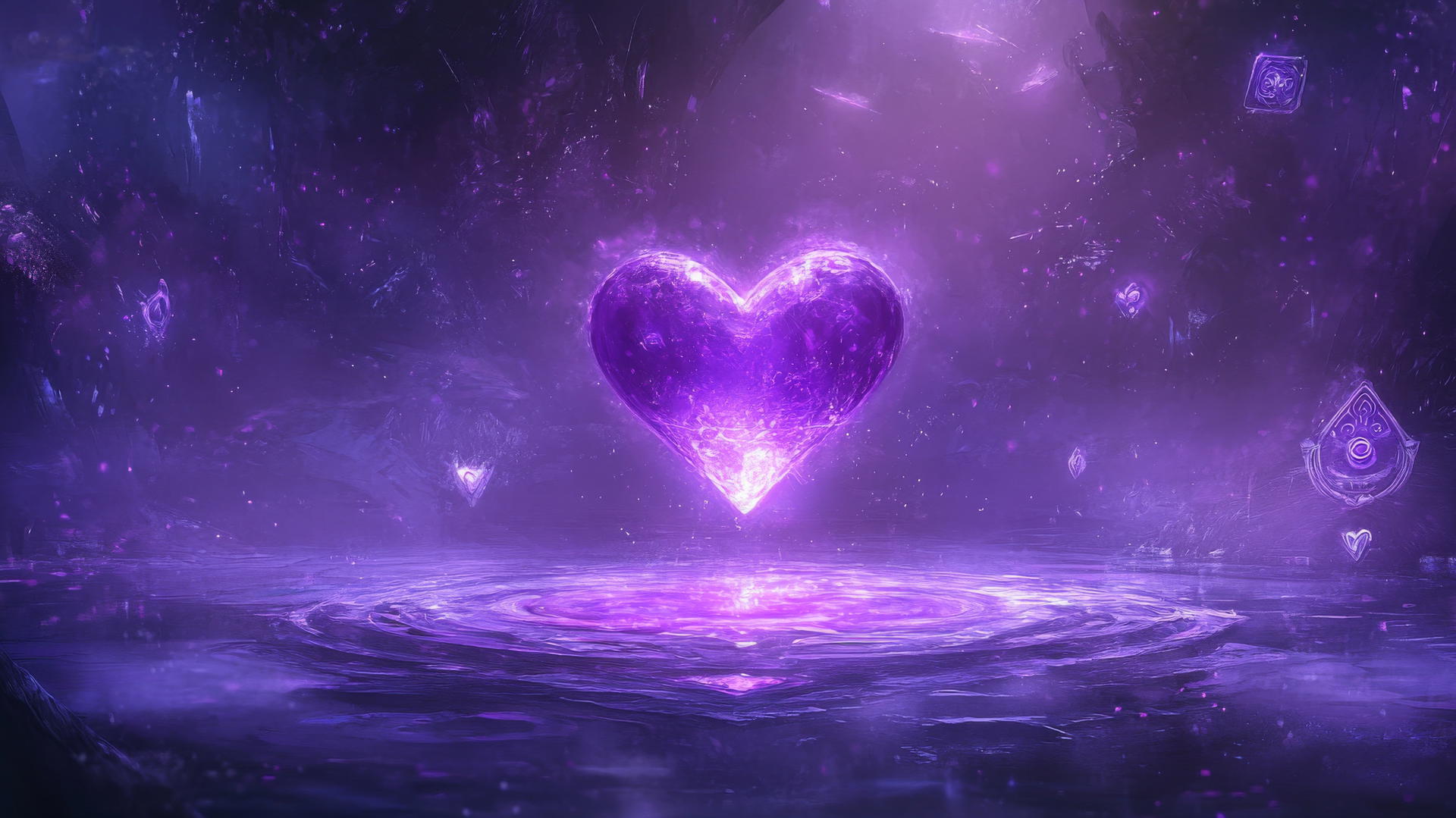 Purple heart wallpaper featuring a glowing heart-shaped crystal, mystical purple mist, and magical symbols.