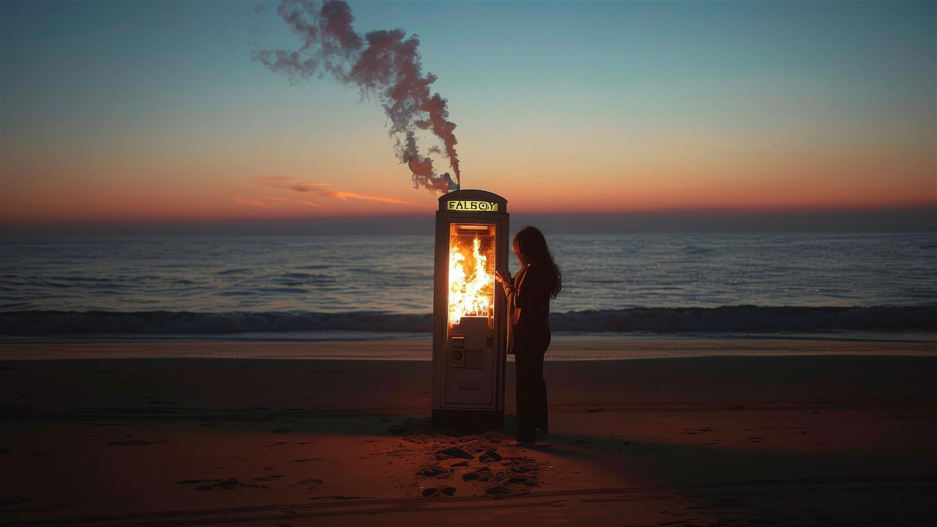 Silhouetted woman by burning payphone on beach at dusk, minimalistic surrealism