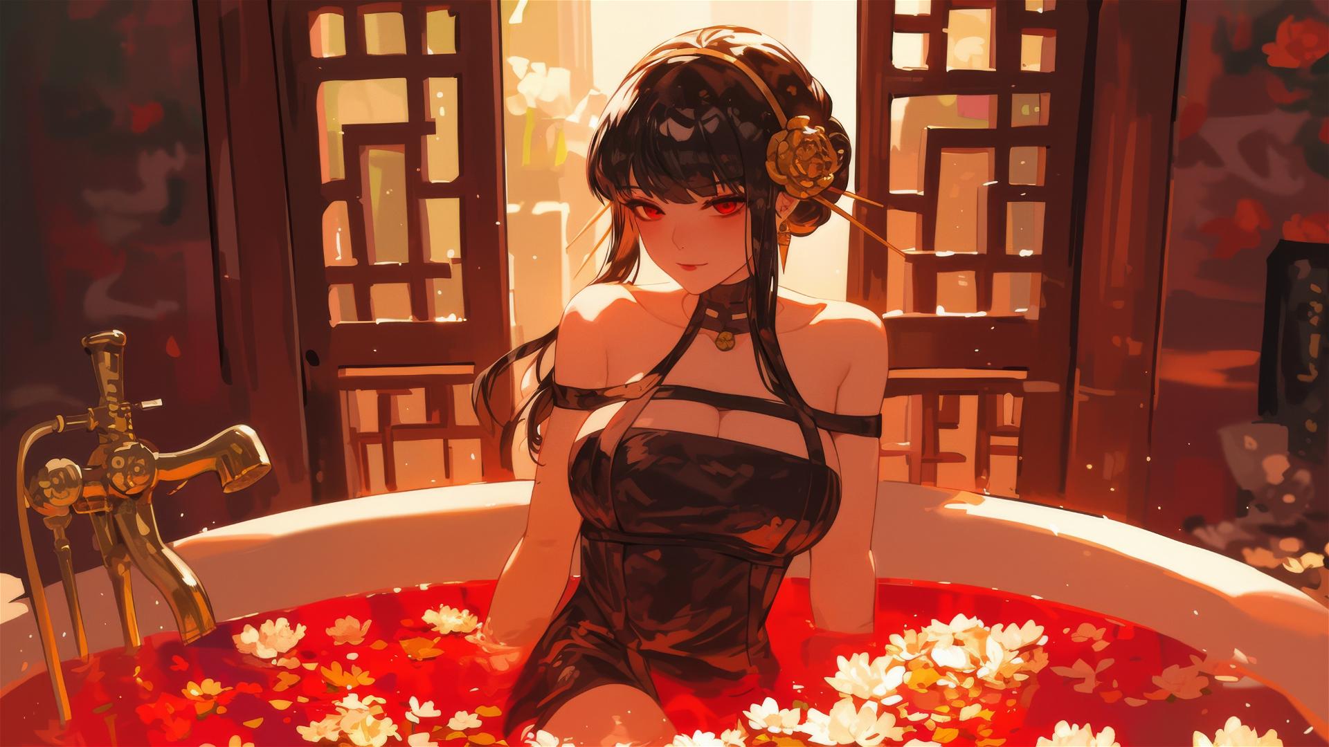 4k-hd-wallpaper-yor-forger-in-floral-spa-tub