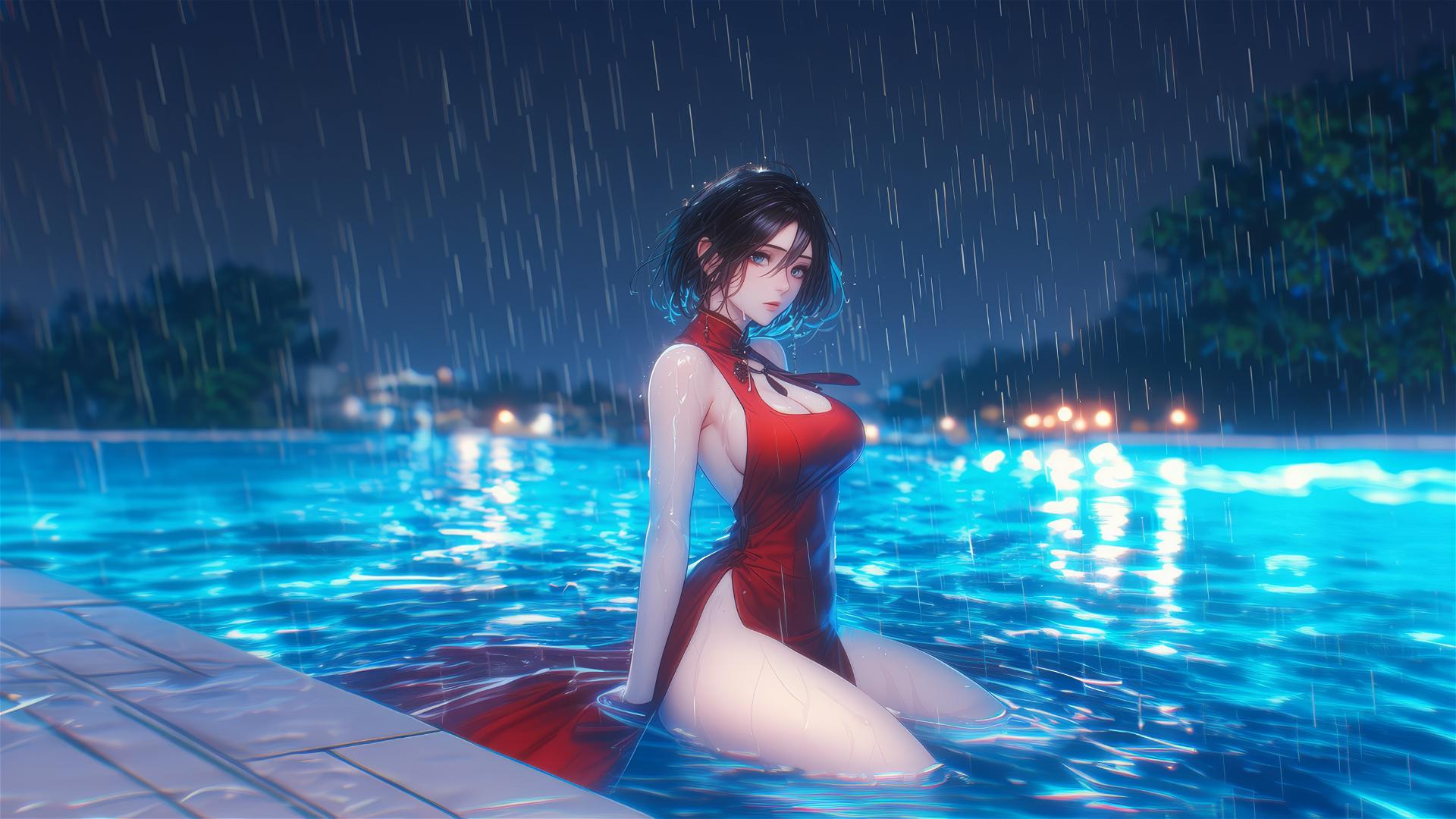 Mikasa Ackerman standing in a rainy swimming pool under moonlight in a red dress