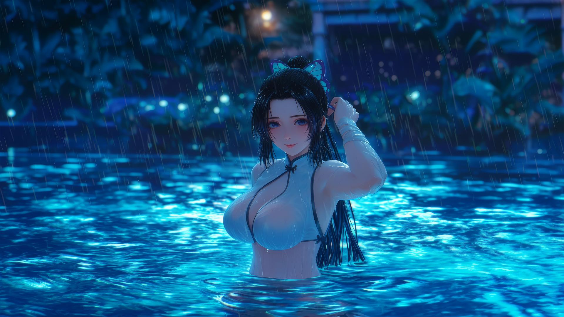 Shinobu Kocho from Demon Slayer stands in a rainy swimming pool under moonlight.