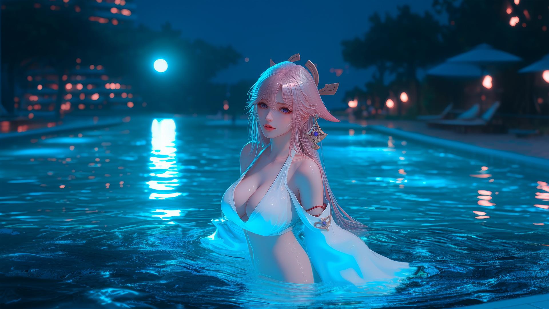 Yae Miko resting by the pool under moonlight.