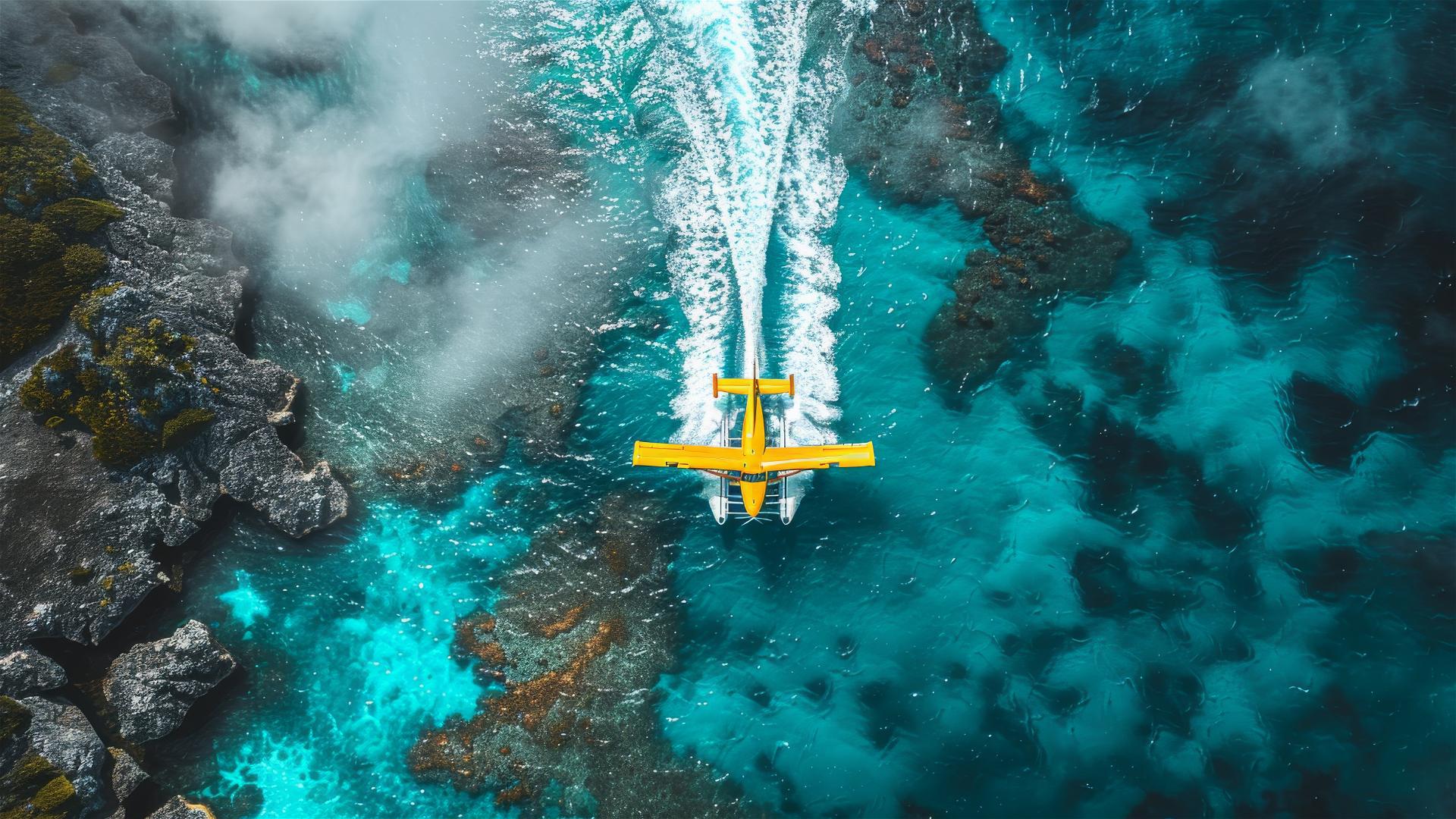 Yellow seaplane over Cameron Reef with surreal elements