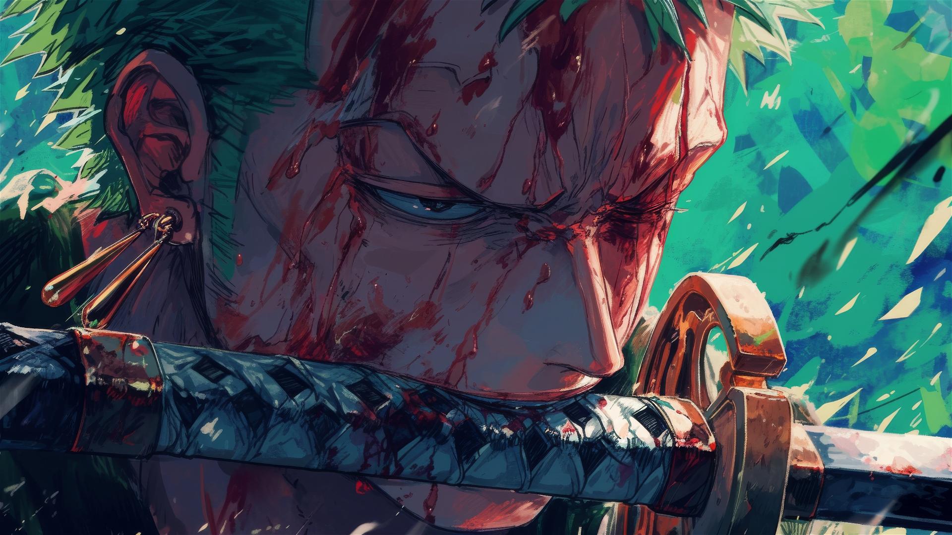 View from Zoro's sword towards his face reflecting determination