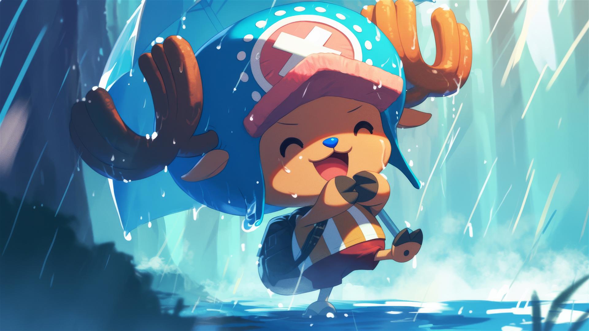 Tony Tony Chopper from One Piece dancing in the rain with a small umbrella, looking joyful.