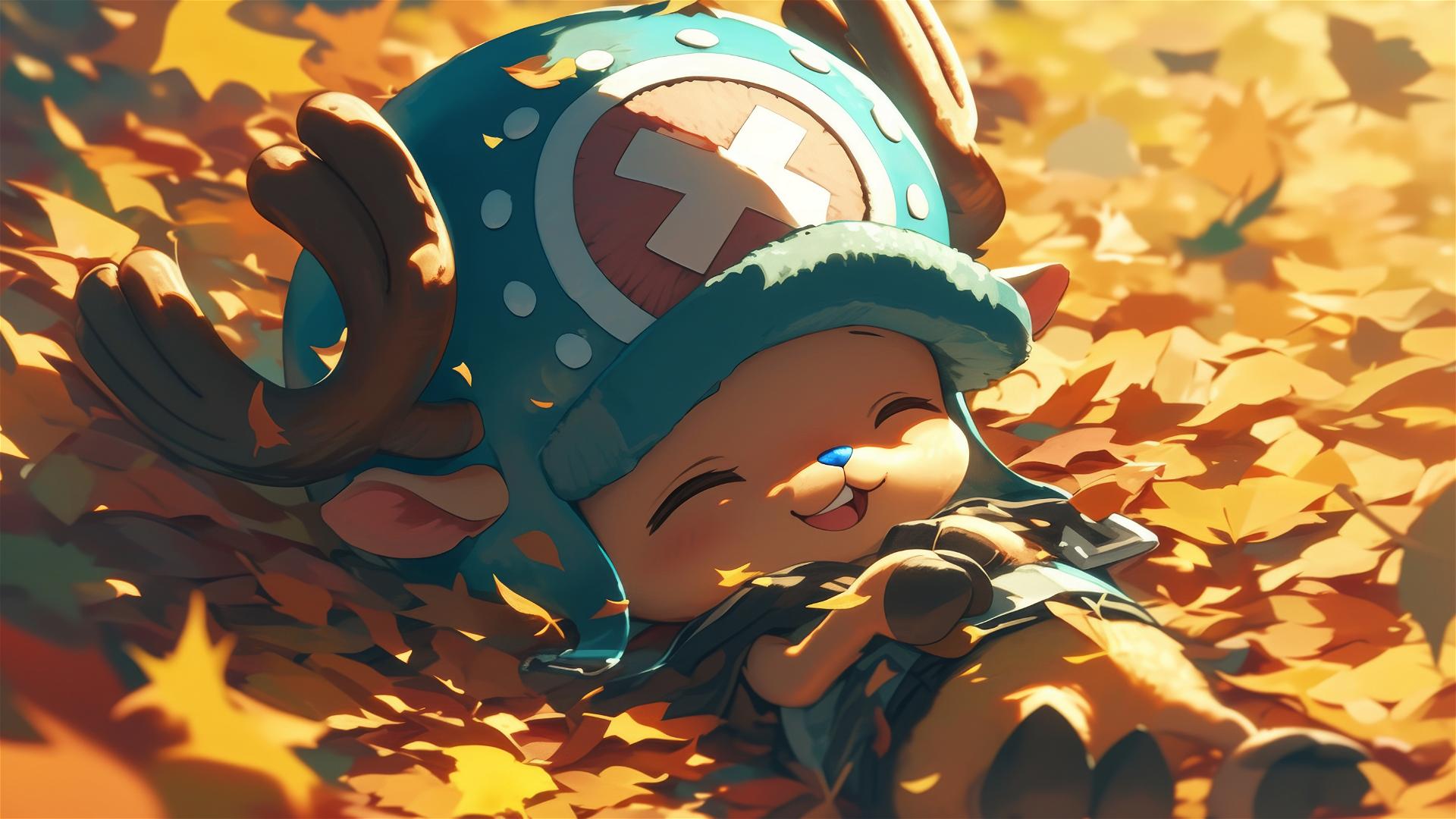 Tony Tony Chopper from One Piece in autumn leaves laughing