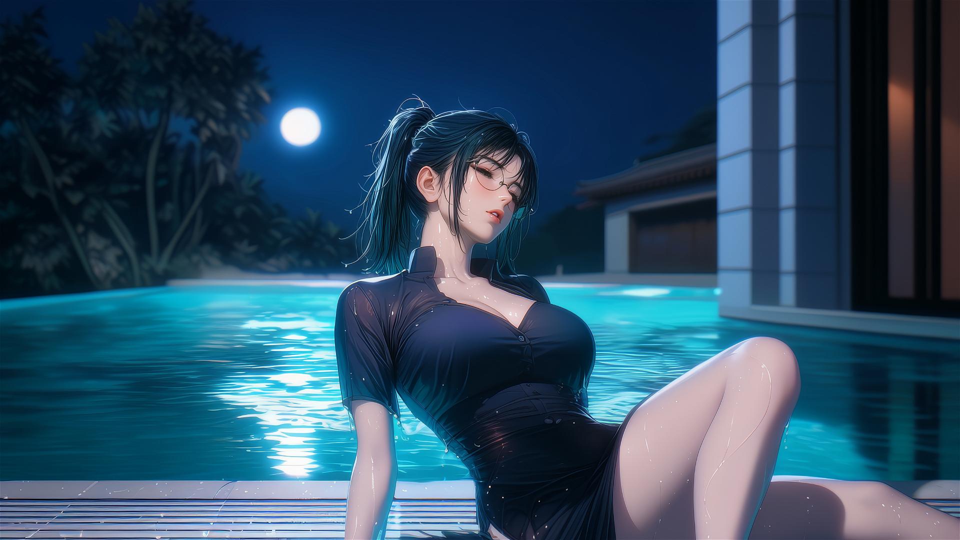Maki Zenin from Jujutsu Kaisen relaxing by a swimming pool under moonlight, wearing glasses in the rain.