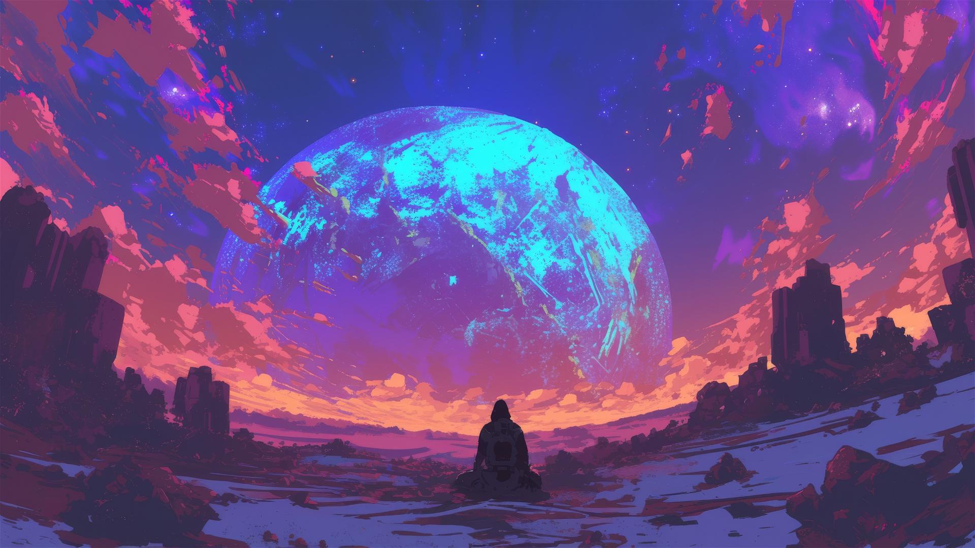 Silhouette against a colorful, utopian alien world.