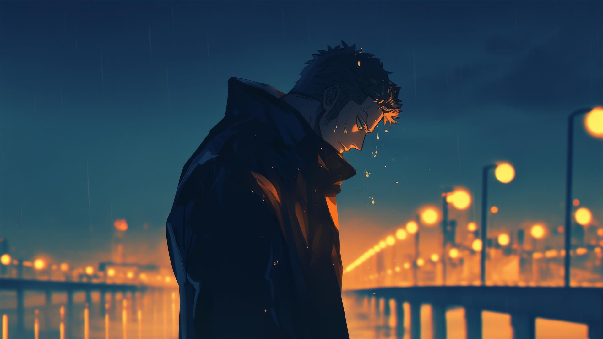 Roronoa Zoro on bridge in evening with city lights blurred