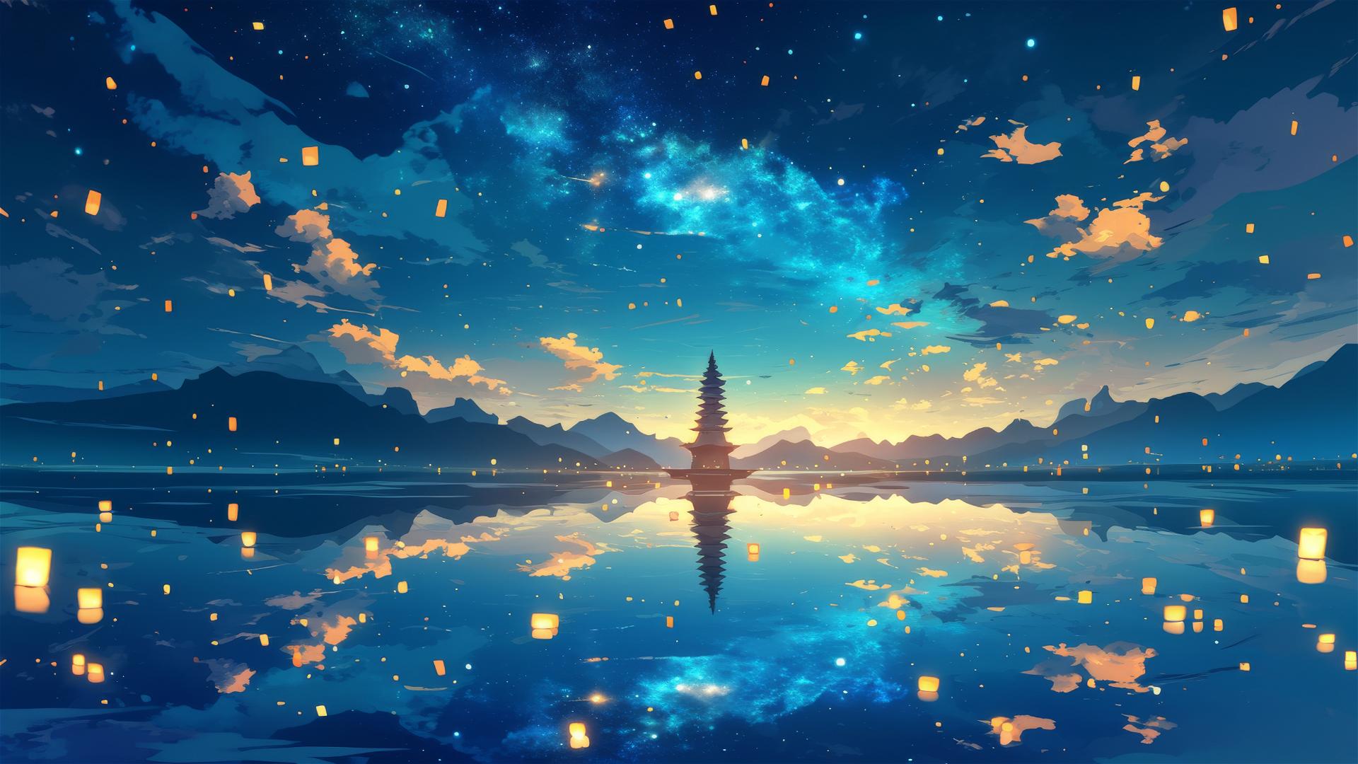 Serene mirror lake with upside-down sky reflection and floating lanterns marking stars.