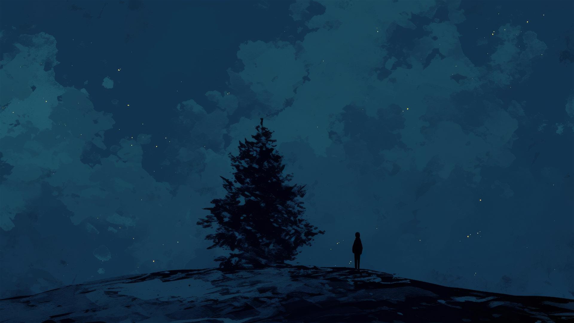 Lonely pine tree on a midnight hill under a cloudy sky
