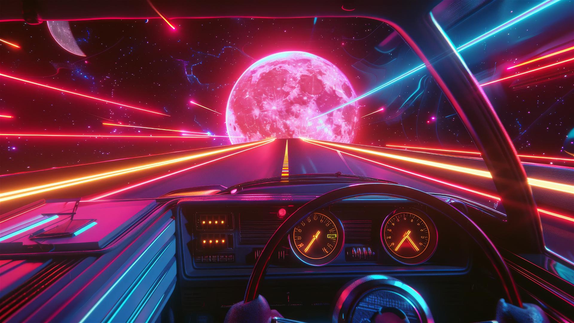 Synthwave car on space highway to the moon