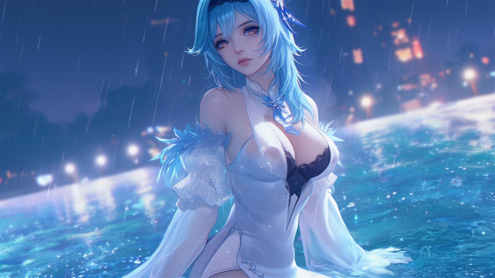 Eula Lawrence in white dress, standing in rainy pool under moonlight.
