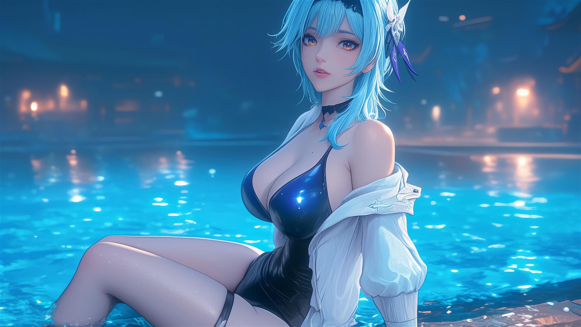 Eula Lawrence from Genshin Impact resting by a pool under moonlight