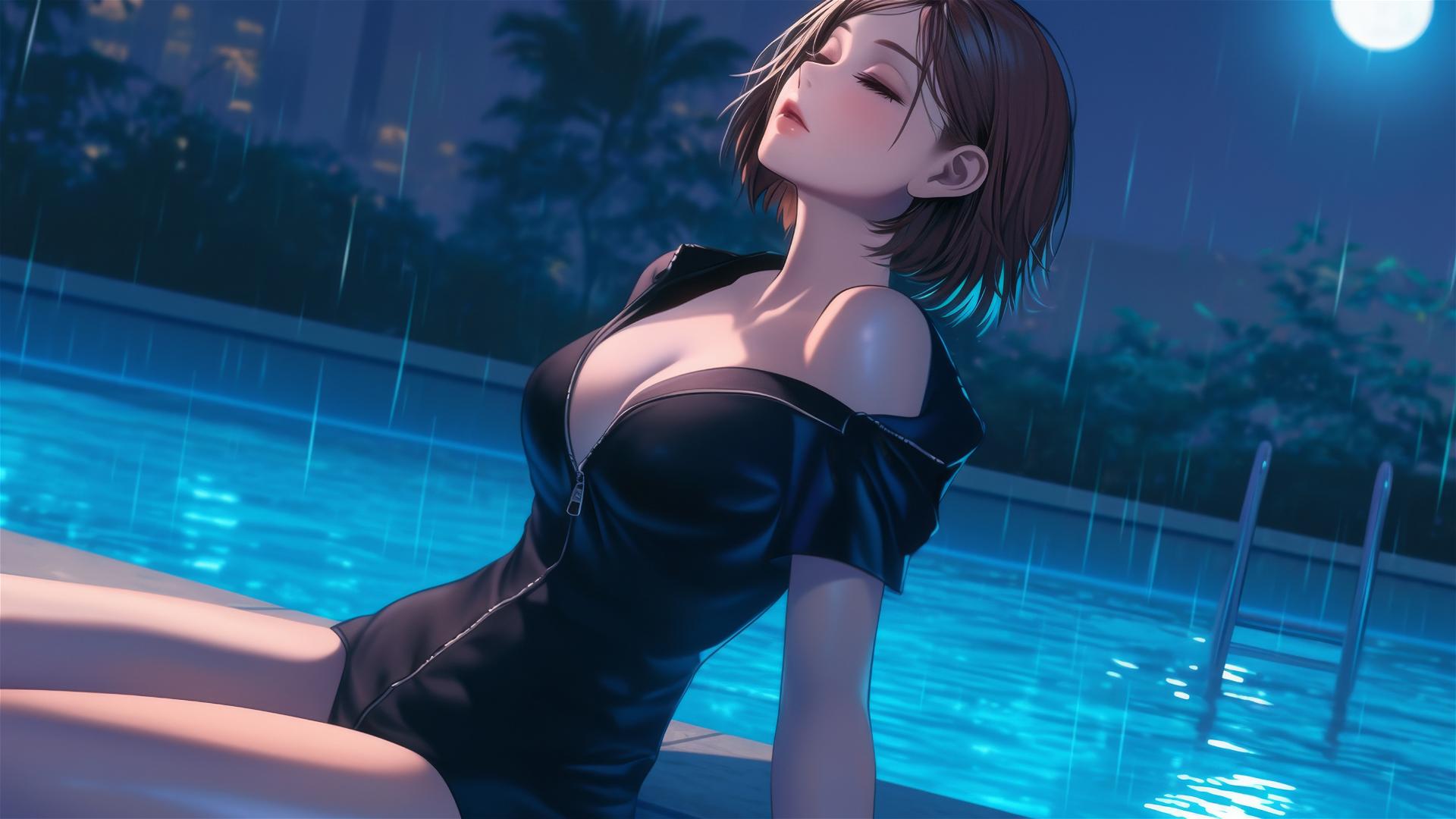 Nobara Kugisaki resting by a rainy swimming pool under moonlight