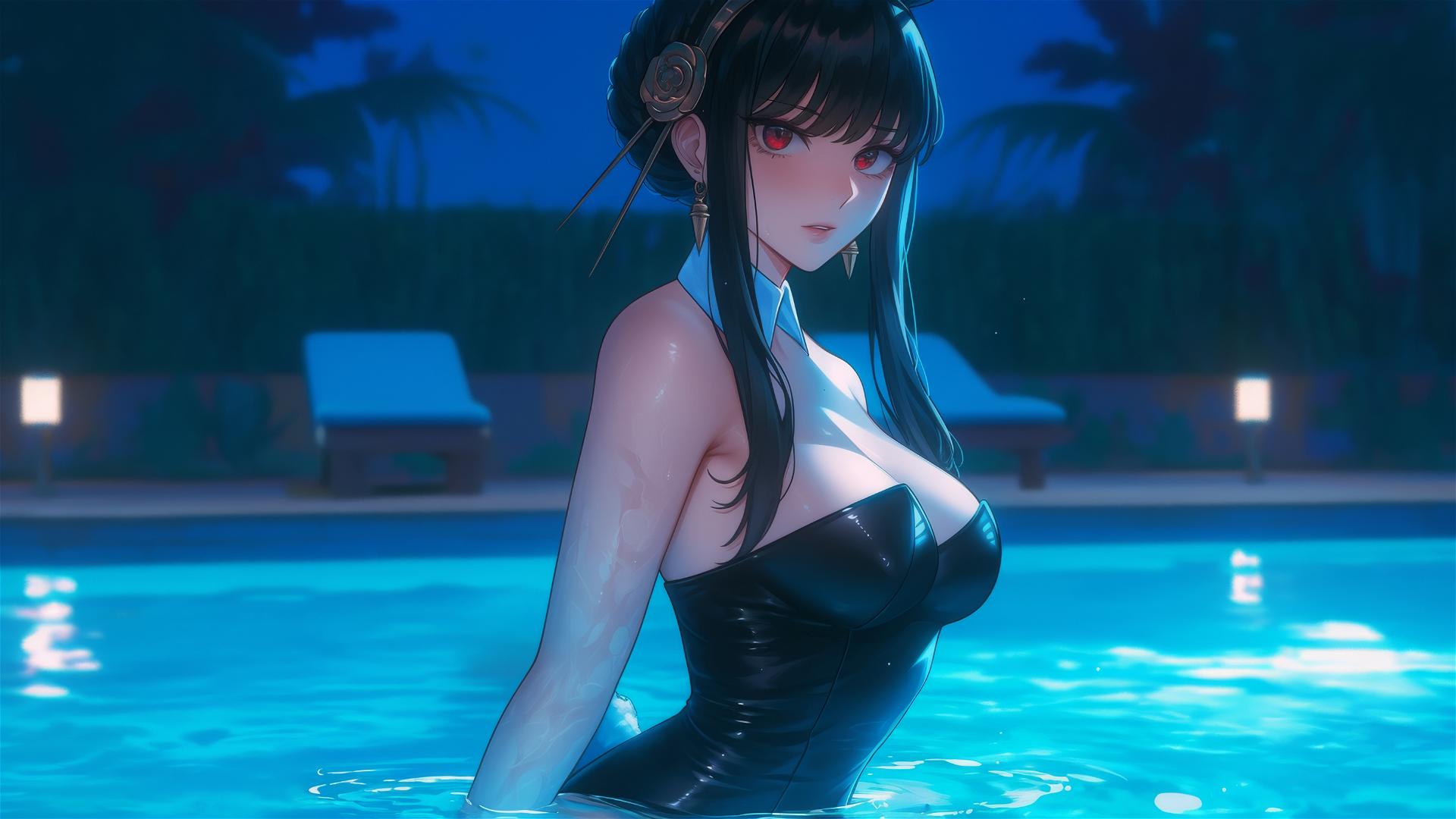 Yor Forger in bunny girl style resting at a pool under moonlight