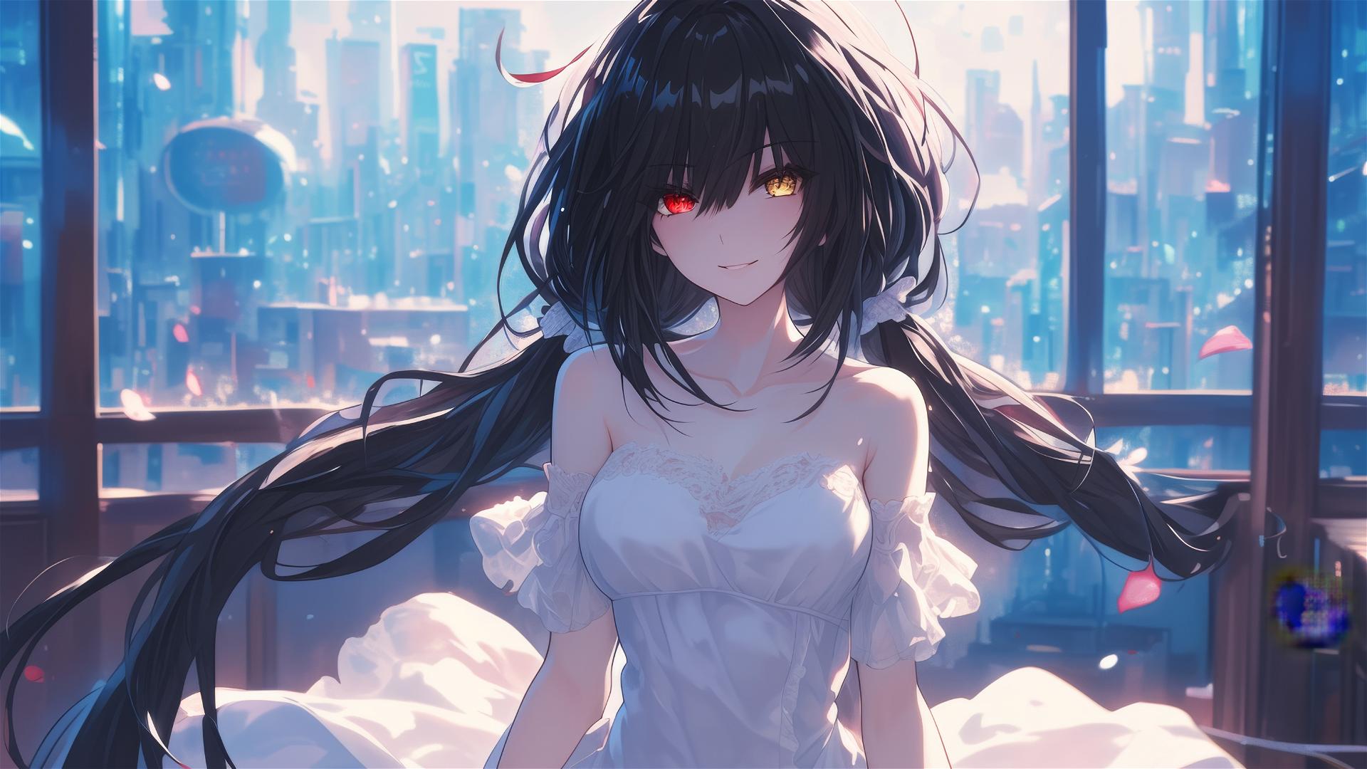 Kurumi Tokisaki from Date A Live in her apartment with moonlit glow