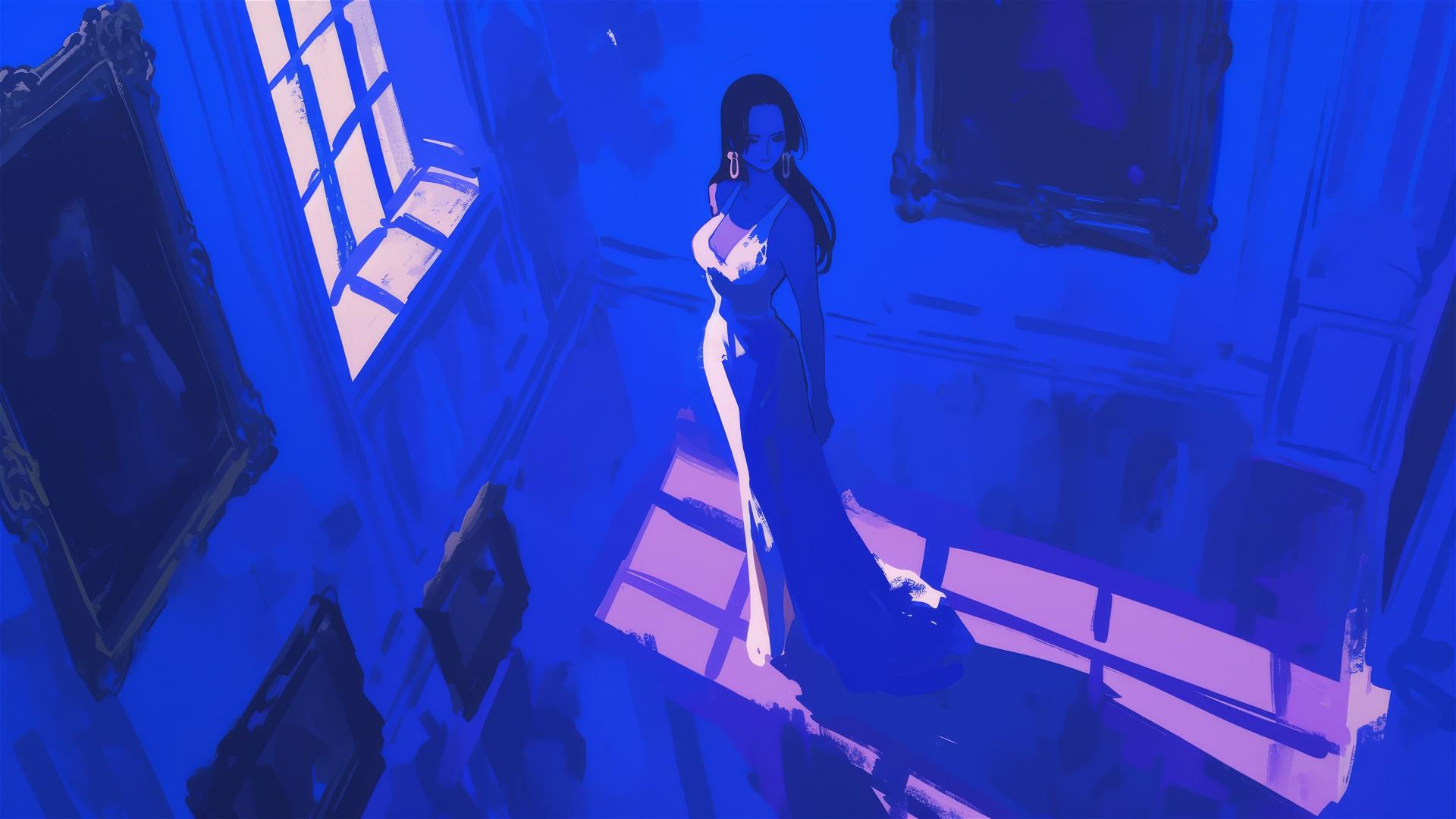 Boa Hancock from One Piece in an art gallery under soft lights