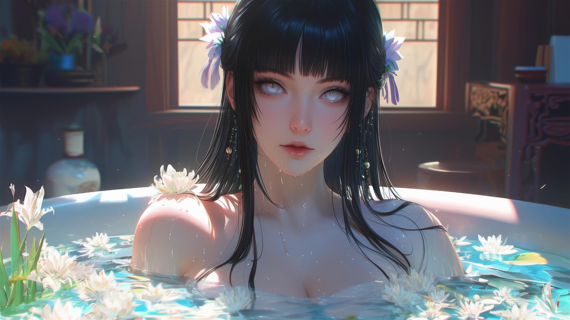 Hinata Hyuga in a tub full of flowers in a Chinese spa