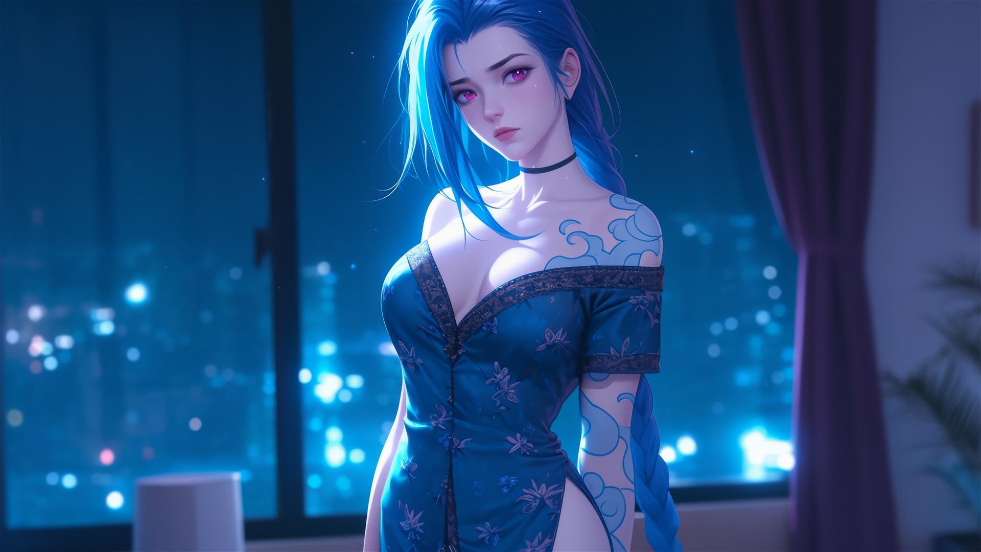 Jinx from League of Legends standing in an apartment under moonlight