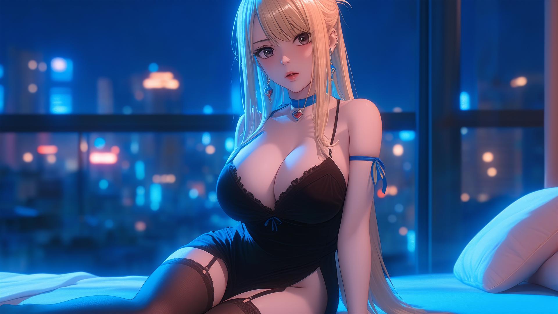 Lucy Heartfilia from Fairy Tail resting in a modern hotel room with moonlight glow