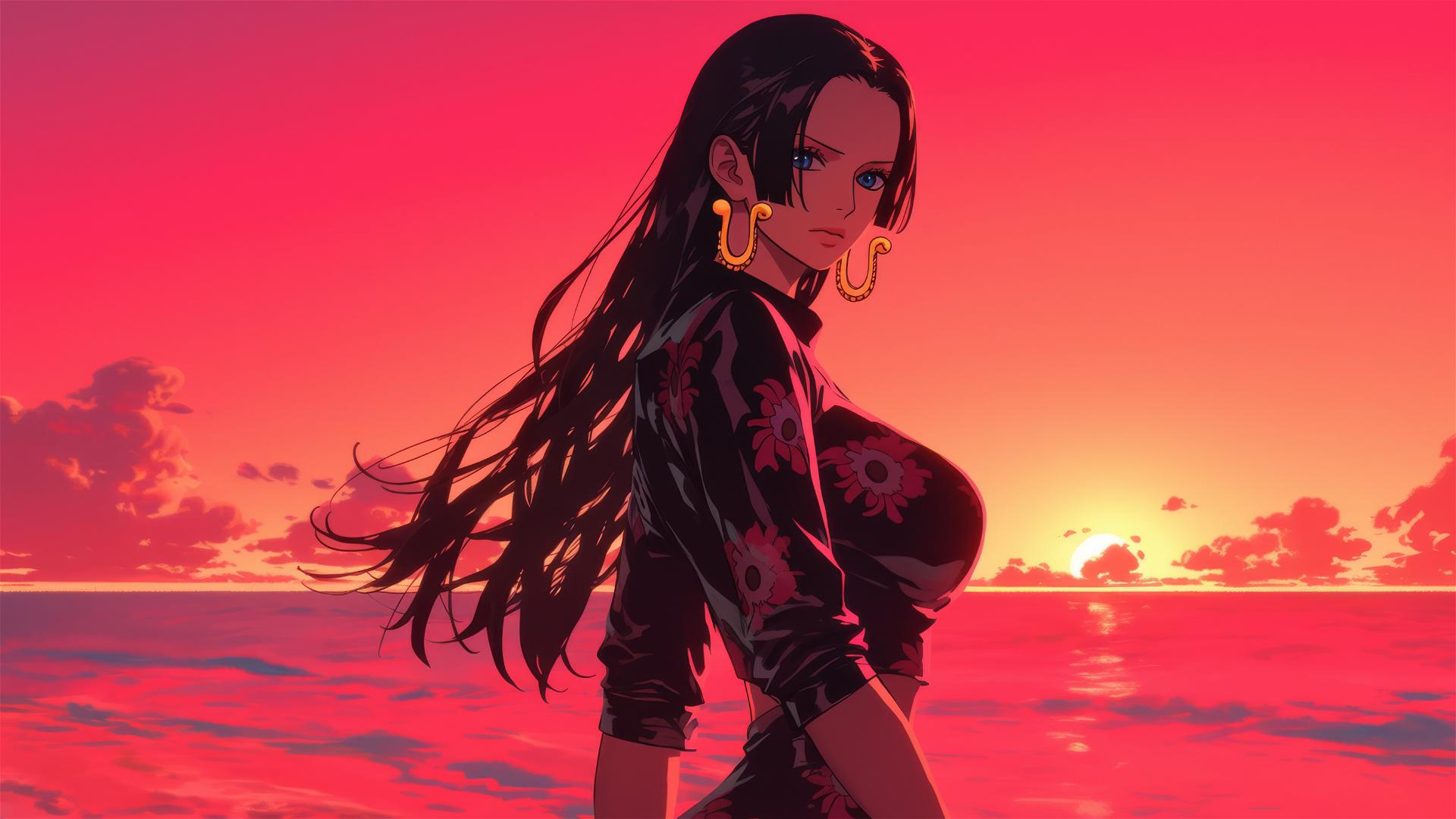 Boa Hancock from One Piece walks on a beach at sunset in a black and pink leather outfit.