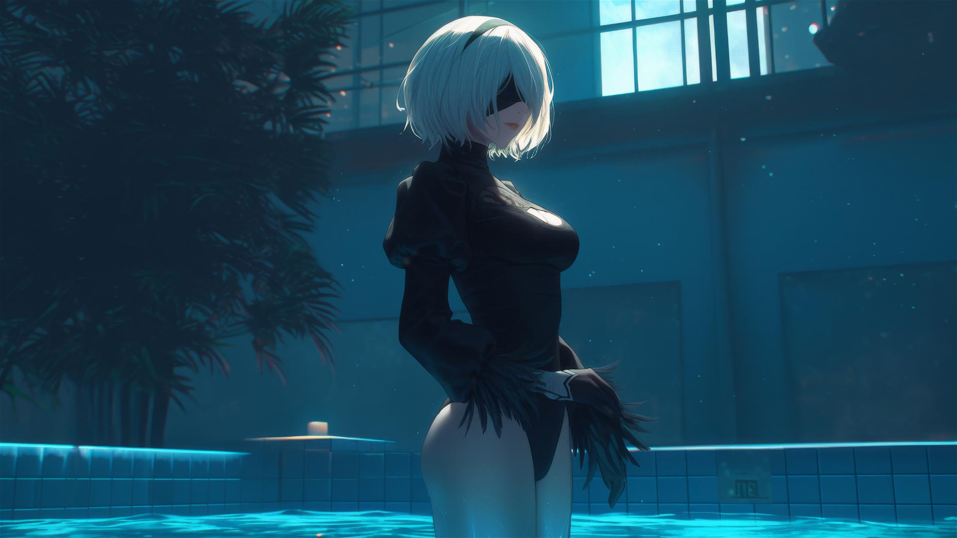 2B from Nier stands leisurely at a rainy swimming pool under moonlight