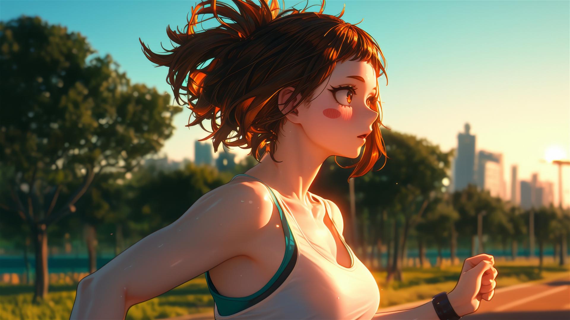Ochaco Uraraka running at sunrise in a quiet modern park with warm light