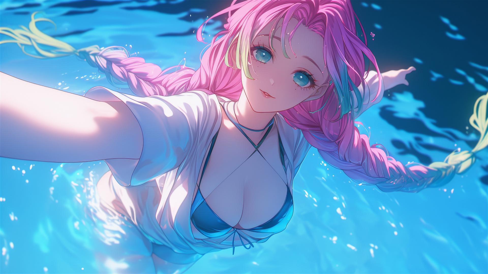 Mitsuri Kanroji, Demon Slayer, moonlit pool jump with light pink to lime green hair fade