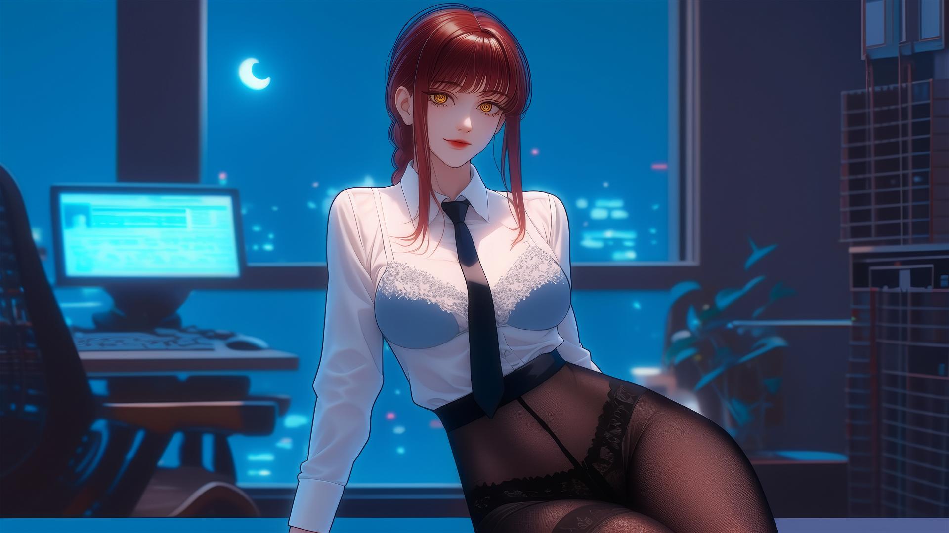 Makima from Chainsaw Man in modern office with red hair and soft moonlight glow