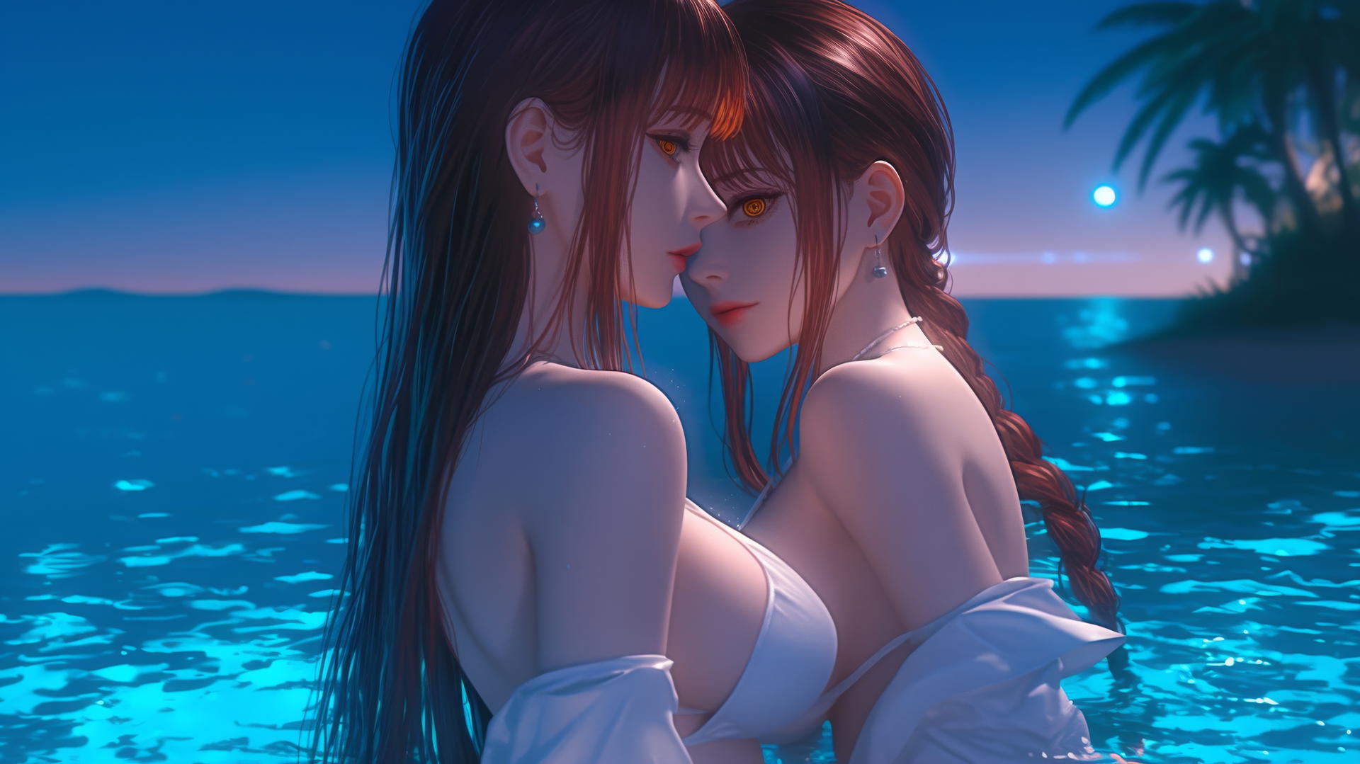 Makima from Chainsaw Man resting at sea during a romantic neon pink sunset.
