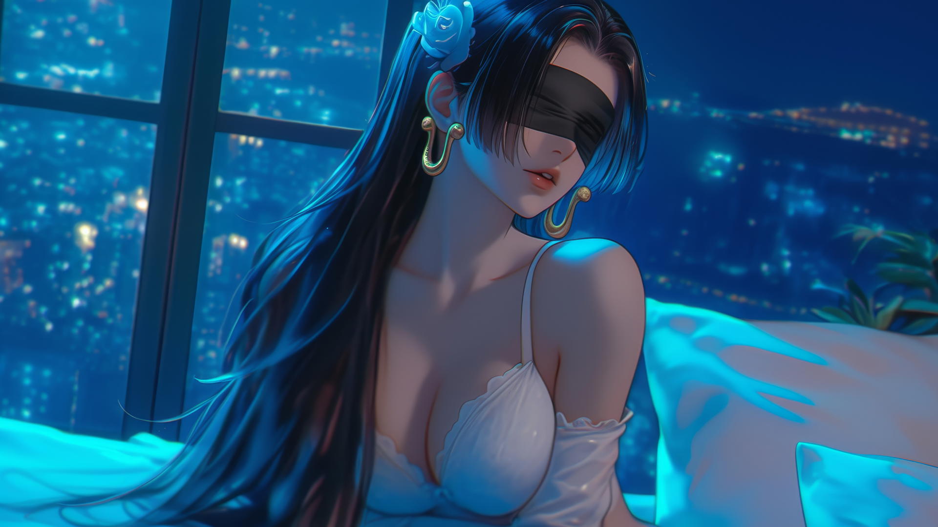 Boa Hancock kneeling blindfolded in neon-lit modern hotel room