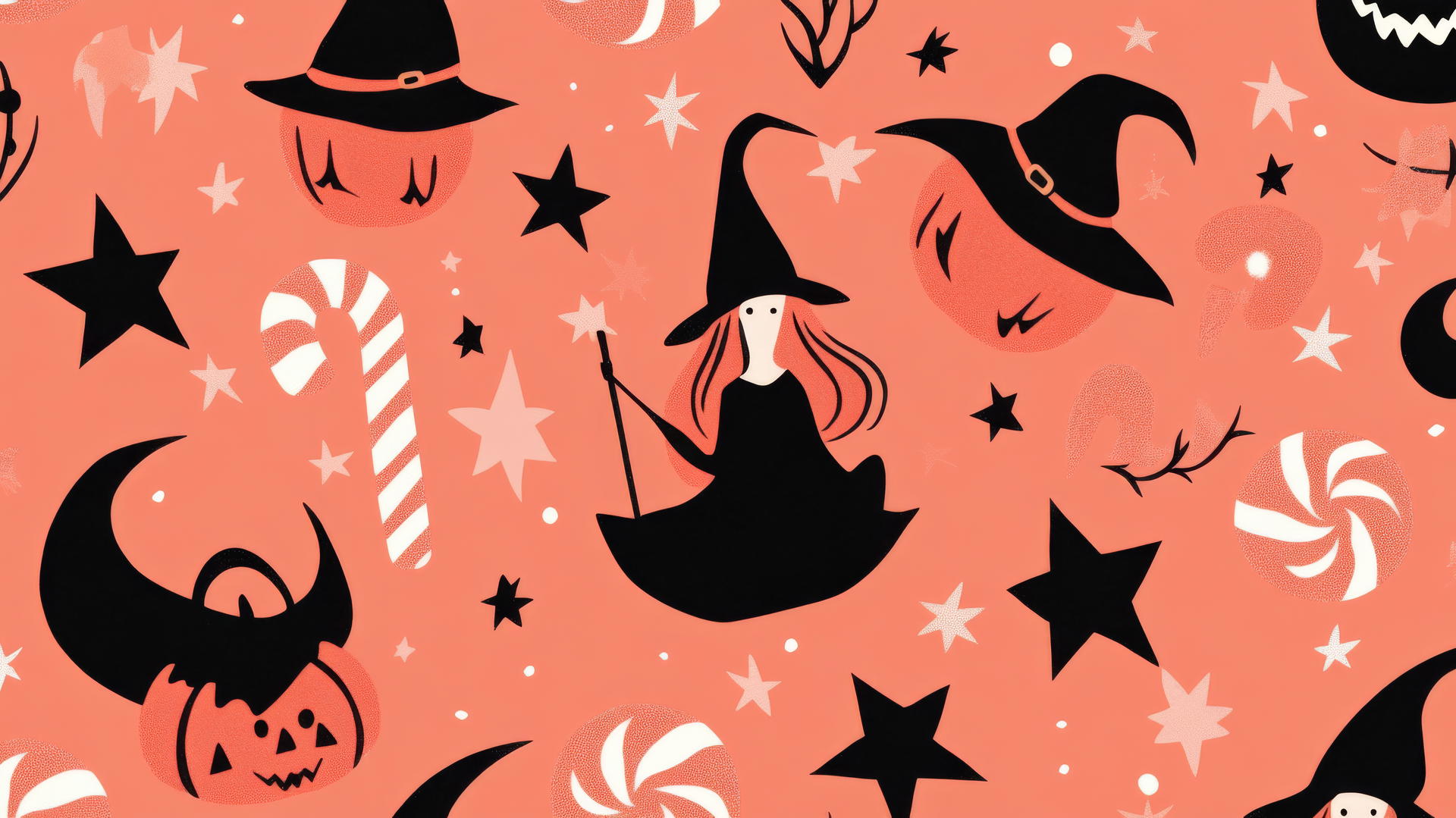 halloween wallpaper preppy with retro witches, candy canes, and stars on pastel coral background