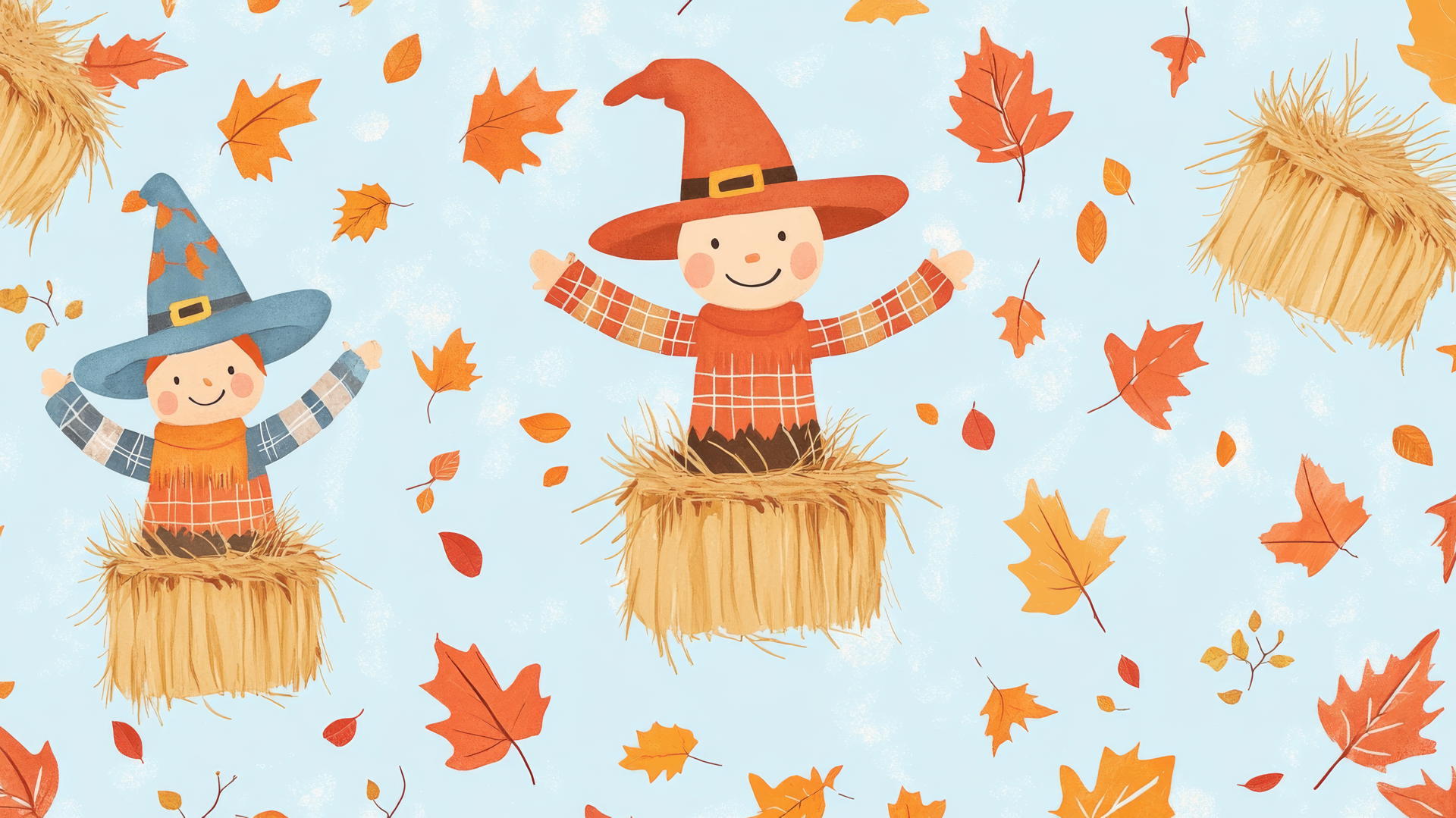 Preppy fall wallpaper with cartoon scarecrows, hay bales, and fall leaves on a light blue background
