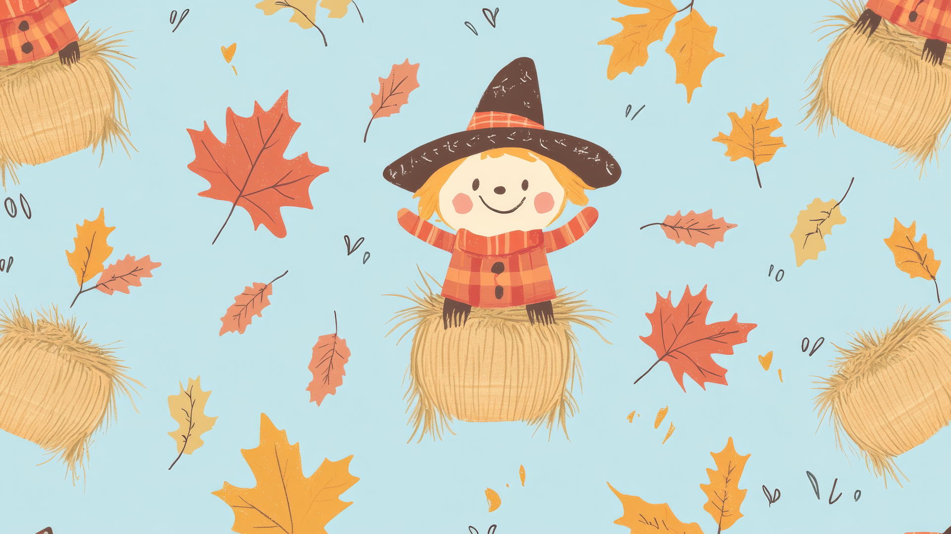preppy fall wallpaper with cute cartoon scarecrows, hay bales, and fall leaves on a light blue background