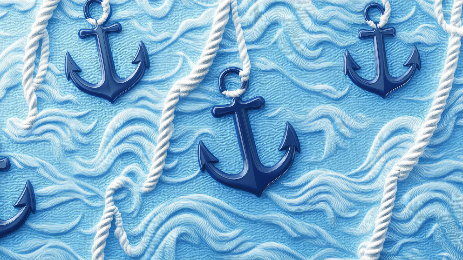 Preppy blue wallpaper with navy blue anchors, white ropes, and subtle wave patterns on a sky-blue background