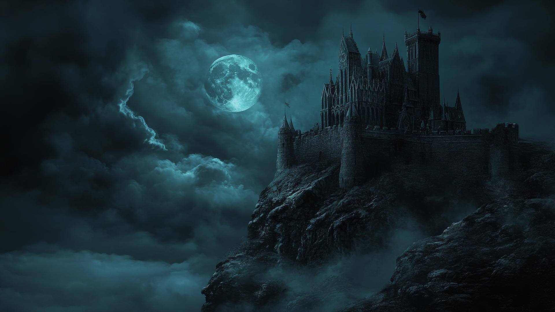 black aesthetic wallpaper featuring a Gothic-style castle on a cliff under moonlight