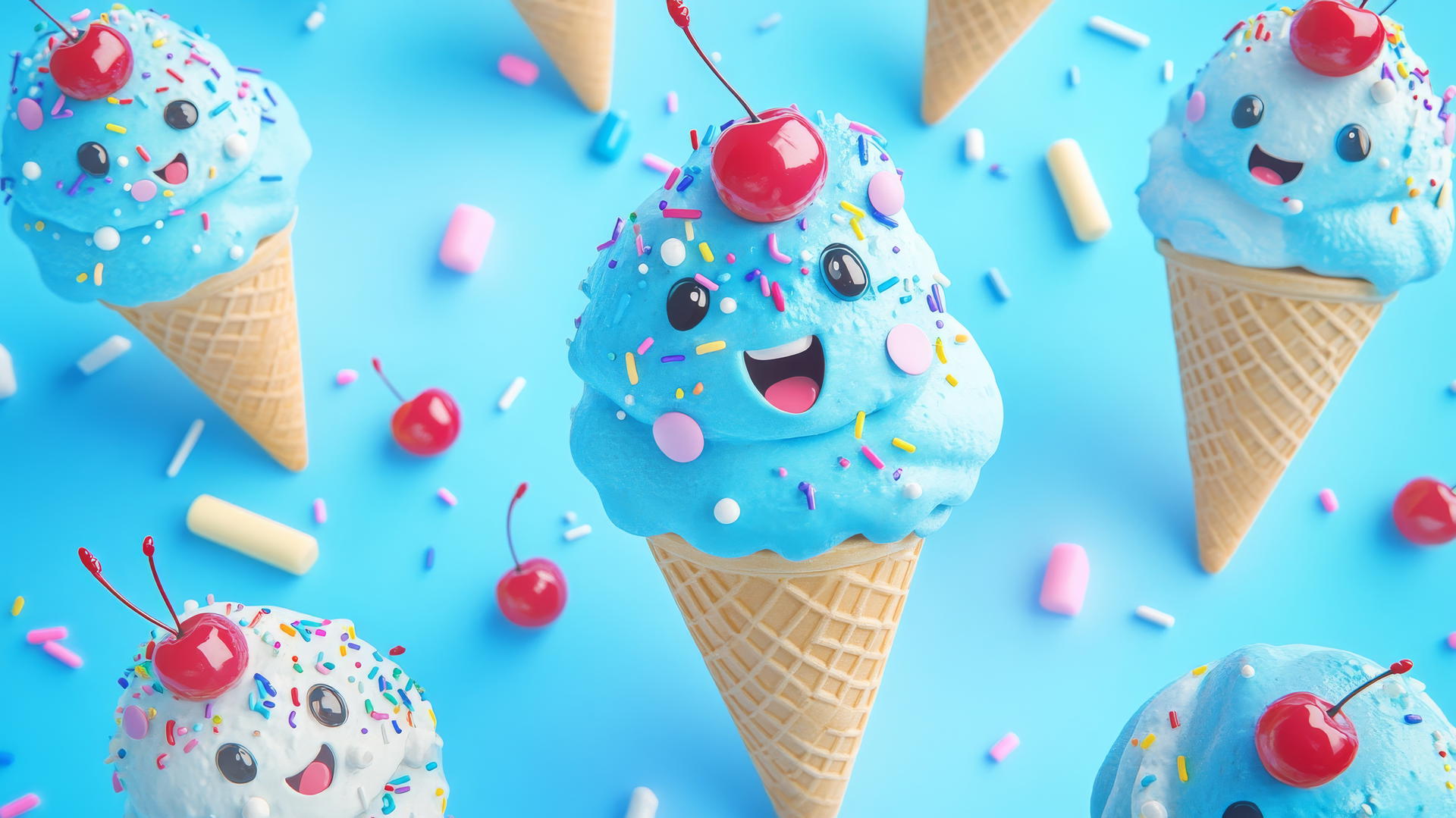 Cute blue wallpaper with cartoon ice cream cones having blue scoops and cute faces